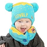 (ビグッド)Bigood かわいい ベビー 赤ちゃん 耳付き 帽子+マフラー2点セット ニットキャップ ネックウォーマー 秋 冬 防寒 暖かい ニット帽子 お出かけ（ブルーC）