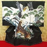 【虎と鷹・吉祥松・深緑】 男児　初着　祝着 のしめ 産着 男の子のお宮参り着物 高級 フードセットプレゼント付