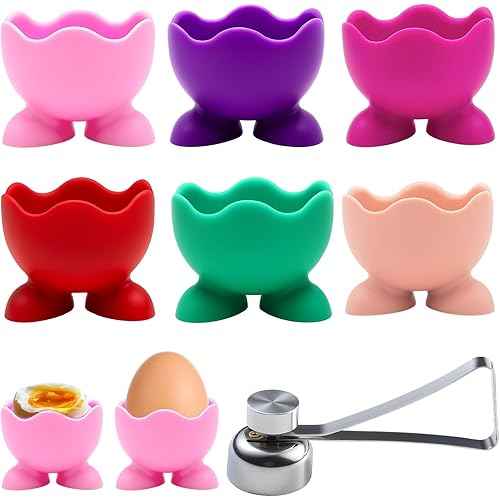 6 Pcs Egg Cups, Colourful Egg Holders with Egg Opener for Soft and Hard Boiled Eggs, Silicone Breakfast Tray Egg Cup for Kitc