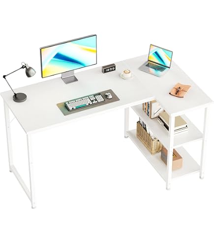 Amazon | KJUUJE【ホワイト】パソコンデスク L字 120cm 2段ラック付