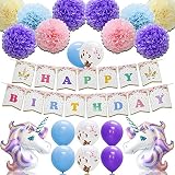 MagicalユニコーンパーティーSuppliesキットwithユニコーン箔バルーン、スターバルーン、Happy誕生日バナー、Paper Pom Poms、子供の渦巻きハニカムボール、ハングアップ誕生
