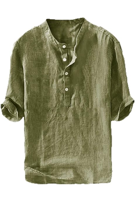 Mens Linen Henley Shirt Casual 3/4 