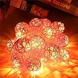 20LED　レッドラタンボール　ストリングライト　クリスマス　ウェディングパーティー飾りライト　バッテリー式　LEDイルミネーションライトランプ　ピンク