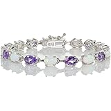 Sterlilng Silver Gemstone and Created White Opal 7x5mm Oval-Cut Tennis Bracelet