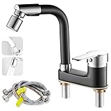 Maynosi 洗面台蛇口 2穴洗面用水栓 洗面水栓 ツーホール式 フル回転ヘッド ２つの水流モード シングルレバー 混合水栓 手洗いボウル用 360° 回転 水栓金具 取付ホース 真鍮製 黒