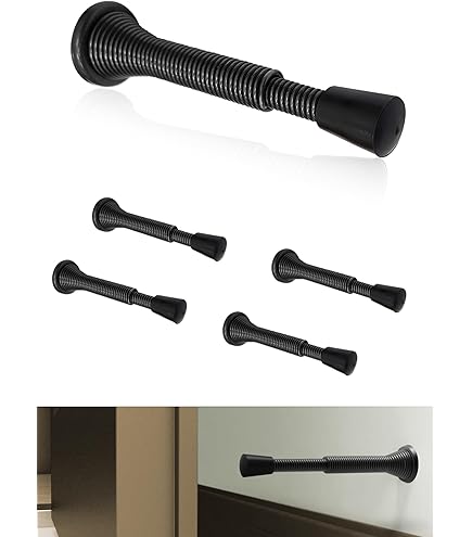 Luomorgo 4-Pack Spring Door Stoppers - Adjustable 3-1/16" To 4-11/16", Black With Rubber Tip For Wall Protection