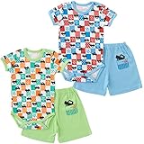 (チャックル) chuckle クルマ柄半袖ロンパース&ズボン グリーン 80cm P3194-80-70