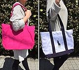 Ralph Lauren ママバッグにもOK！大きめサイズ ビックポニー ジッパー開閉式 キャンバストートバッグ (ホワイト×ネイビー（内側：ピンク）)