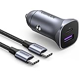 UGREEN カーチャージャー【52.5W/PD30W+SCP22.5W】 PD3.0/QC3.0/SCP急速充電対応 30W充電パワー USB-AとUSB-Cポート各一つ DC12V-24V車類対応 60WUSB-C充電ケーブル付き iphone 