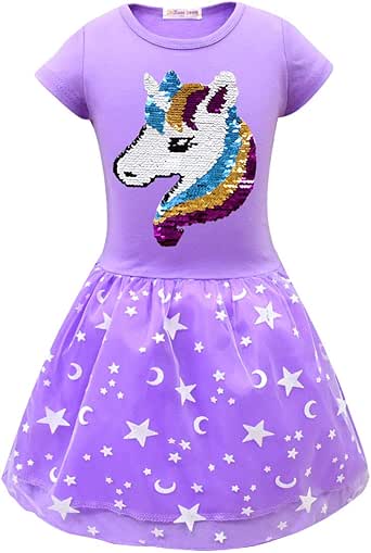 Amazon 女の子ユニコーン衣装フリップスパンコールレインボースターテーマパーティードレスキッドサマードレス ワンピース チュニック 通販