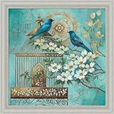 青い鳥とハナミズキElaine vollherbst-laneターコイズゴールド鳥かごアートフレーム印刷壁装飾 12  x 12  Inch GOG-GOGP13895-W-12x12