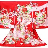 【お宮参り着物】【赤地系 毬に扇面と蝶の柄】女の子 友禅 刺繍 正絹【風呂敷プレゼント / ギフト対応】