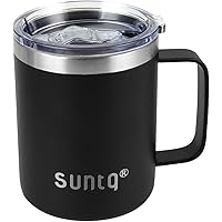 SUNTQ マグカップ ステンレススチール カフェマグ コーヒーカップ 真空断熱マグ 蓋付き 軽量 再利用可能 環境に良い ブラック 360ML