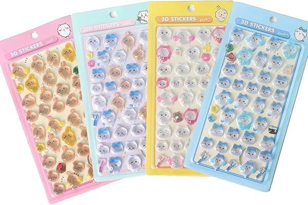 3Dシール ぷくぷく 4枚セット かわいい デコ アイテム ごほうび用 子供 手帳 携帯 DIY用 貼り付け簡単 女の子向け おしゃれ エポキシ樹脂製 (シール 4枚 C)