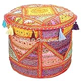 Stylo文化Indian Vintage Poufオットマンスツール足カバーラウンド刺繍ミラーパッチワークPouffe Ottomanカバーマルチカラーコットン従来家具Footstool Seatパ