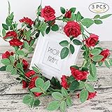 (Red) - AmyHomie 3 Pack Artificial Rose Garlands,Silk Fake Rose Vine Flowers Plants for Home Hotel O