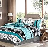 Girls Bedding Set Kids Teen Comforter Turquoise Black White Leopard and Damask Print with Polka Dots