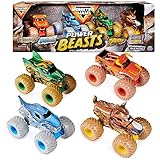 モンスタージャム、パワービースト モンスタートラック4個パック (エルトロロコ、メガロドン、ドラゴンとホースパワー)、1:64スケール、男の子と女の子向けの子供のおもちゃ 対象年齢3歳以上