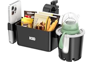 KDD ベビーカー ドリンクホルダー 収納ボックス付き 3-in-1ベビーカーボトルホルダー スマホホルダー付き 取り外し可能なボトルホルダー 360回転カップホルダーがUPPAbaby、Nuna、キックスクーター、車椅子、自転車に適用