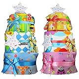 Sassy ( サッシー ） おむつケーキ 豪華3段 名入れ刺繍 70´s 歯固め 付 ブルー パンパースパンツM アイテム 4点 [ ビブ ウォッシュタオル ループ付タオル レディバグ ]