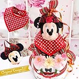 ミニーちゃんおむつケーキ３段！赤ドット防水スタイとママにも使える可愛いポーチ付 S