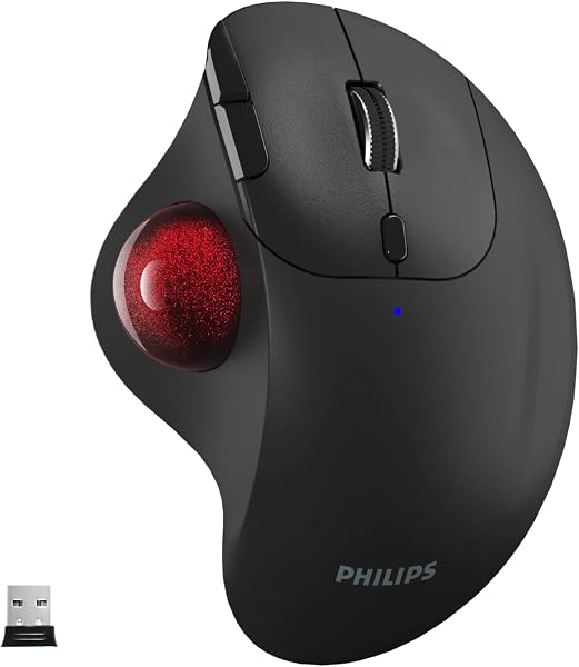 フィリップス ワイヤレス トラックボールマウス 静音 Bluetooth/USB接続 3台同時接続 無線 マウス トラックボール 3200DPI 5段階DPI切替 人間工学設計 7ボタン 進む/戻るボタン搭載 人工ルビー支持 親指操作 windows/Android/mac/iPad OS/ios/Chrome多機種対応 Philips Business Mouse SPK7808 - 1