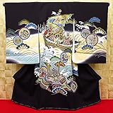 【宝船・兜・金駒刺繍・黒】 男児　初着　祝着 のしめ 産着 男の子のお宮参り着物 高級 フードセットプレゼント付