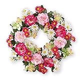 ピンクデイジーとバラ花柄16 " Wreath、ピンク