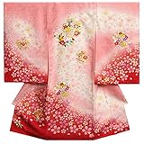 お宮参り　着物　女の子　正絹初着　女の子産着　ピンク濃淡ぼかし裾赤染分け　刺繍捻り桜　金彩　桜檜垣地紋　日本製