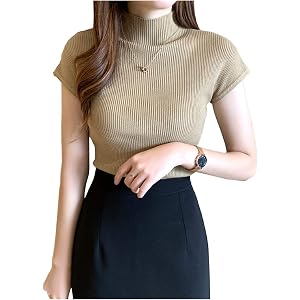 [ライオンガーデン] 7色展開 ニットソー 半袖 秋 秋色 タートルネック 細身 着痩せ M ~ XL レディース