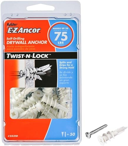 E-Z Ancor Kit – 50 Zinc Self-Drilling Drywall Anchors + 50 #8 X 1-1/4" Phillips Screws, Holds Up To 50 Lbs, No Pre-Drilling Needed