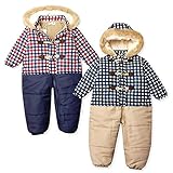 (ネイビー/80cm)ベビー服 男の子 カバーオール ジャンプスーツ 中綿 裏フリース 撥水加工 前開きファスナー ダッフル風 チェック切替 ファー付きフード 男児 ベビー