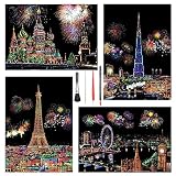 LIANHATA スクラッチアート 4枚入 スクラッチ極細ペン付き 21*29cm A4サイズ スクラッチペーパー レインボー絵 夜景 花火 観覧車 花畑 彫刻アート DIY 削るだけで美しいアート 部屋飾り (ロシア風景)