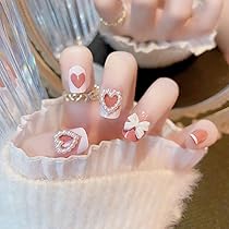 24))ハートネイル フレンチガーリー ネイルチップ 韓国ネイル リボンネイル ネイルチップ ロング 韓国 成人式 振袖 和柄 フレンチガーリー