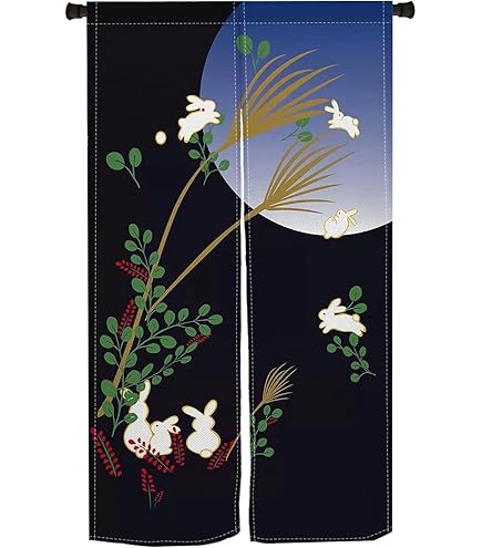 Amazon｜和風のれん幅85cmx丈150cm 十五夜うさぎ(2)ブルー79844-sumi