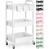 3 Tier Rolling Cart Metal with Wheels, White Three Tiered Carts on Wheels | Utility Roller Storage Shelf Organizer for Craft,