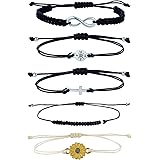Ofeiyaa 5Pcs Bracelet Italian Style Sunflower Cross Heart Compass Black Beads Infinite String Bracelet Boho Surfer Bracelet B