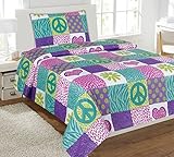 Twin Size Mk Collection 3pc Sheet Set Pink Purple Teel Zebra Leopard Heart Peace Sign Teens/girls Ne