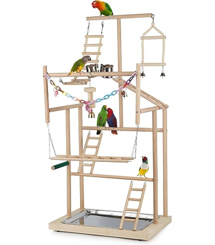 Prevue Pet 3185 Runder Vogel-Spielständer – Größe M, Mit Rollen, Sitzstange, Näpfen & Schale