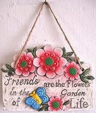 Hanging壁飾り板Signs with GardenテーマFlowers Butterflies Friends素朴なコンクリート(赤花)