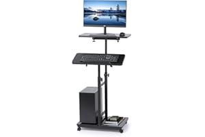Hovadova Mobile Laptop Stand Desk, Standing or Sitting Rolling Computer Cart with Tower Stand, Adjustable Height 27.5" to 47.