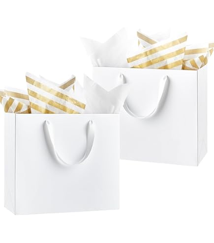 Suituts 24 Pcs White Gift Bags With Ribbon Handles 8x5x10 Inch Medium