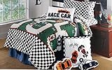 Authentic Kids Boys Twin Quilt Race Car Pattern Gray Track Green Field Checkered Flags [並行輸入品]