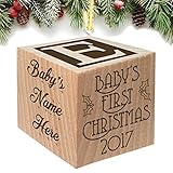 Baby's First Christmas Ornament 2017 - Keepsake Personalized Baby Block Custom Engraved Wooden for N