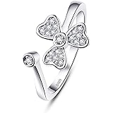 AVECON 925 Sterling Silver Wedding Anniversary Ring for Women Adjustable Heart Clover Cubic Zirconia Open Bands Ring for Her