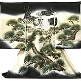 【紋入れ付き】 【お宮参り着物】【黒地系 鷹に松の柄】男の子 手描友禅 正絹【風呂敷プレゼント/ギフト対応】