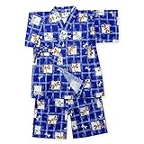 (ブルー/95cm)ベビー服 男の子 甚平 トンボ 格子柄 和調 綿100％ 上下組セット 男児 ベビー