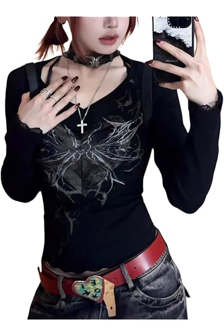 Amazon | [NAMEOF] Vネック 長袖 Tシャツ Y2K フェアリーグランジ 