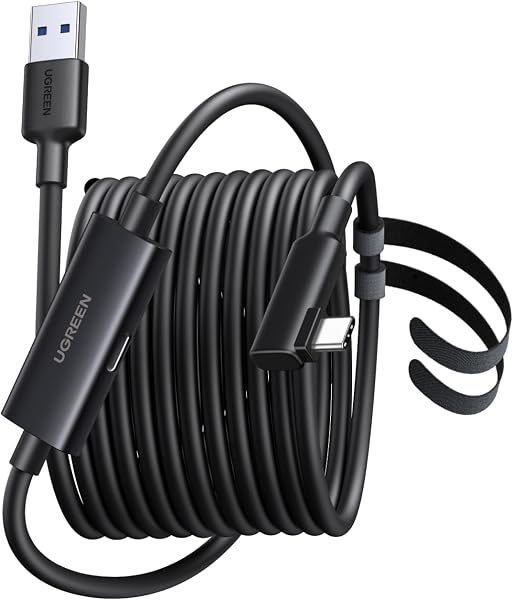 UGREEN VR リンクケーブル 5m USB-A to USB-C Quest 3/Quest 3S/Quest 2/Pro/Pico 4 対応 USB3.2 Gen1 5Gbps 高速データ転送 18W急速充電 信号増幅チップ内蔵 90°L字型プラグ PCVR ゲーム用 - 1