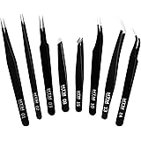 HengTianMei 8Pcs lash tweezers 3 Stainless Straight and 3 Curved Tip Eyelash Tweezers, With 2 Slant Pointed Precision Eyebrow
